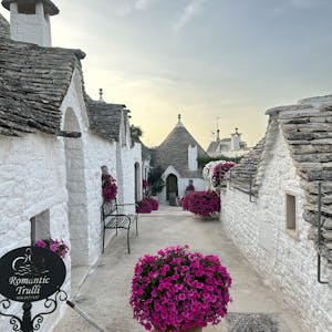 Quaint Trulli houses in Alberobello with vibrant flowers at sunset.